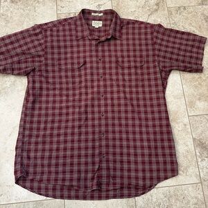 Cabela's Men's maroon Plaid  soft canvas trail  SHORT SLEEVE Shirt 2XL TALL